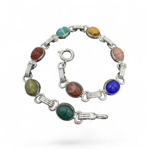 Vintage Gold Filled Scarab Bracelet Genuine Stones Chalcedony Onyx Tiger Eye